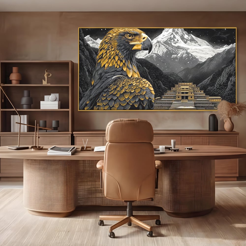 Tablou canvas cu tablou canvas cu vultur si templu aztec, in rama de aluminiu auriu, pe perete intr-un birou